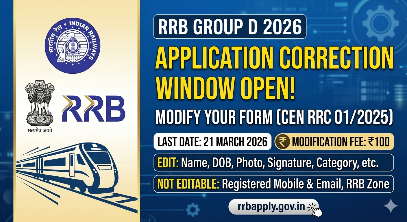 RRB Group D Application Correction Window 2026 Direct Link